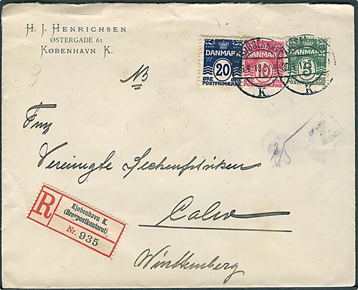 5 øre, 10 øre og 20 øre Sortblå Bølgelinie på 35 øre frankeret anbefalet brev fra Kjøbenhavn d. 30.4.1913 til Calw, Württemberg, Tyskland.