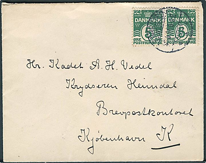 5 øre Bølgelinie i parstykke på brev fra Rungsted d. 30.8.1914 til krydseren Hejmdal, Brevpostkontoret, København K.