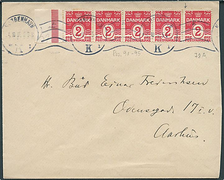 2 øre Bølgelinie vm III i 5-stribe (pos. 91-95) på brev fra Kjøbenhavn d. 4.10.1918 til Aarhus.