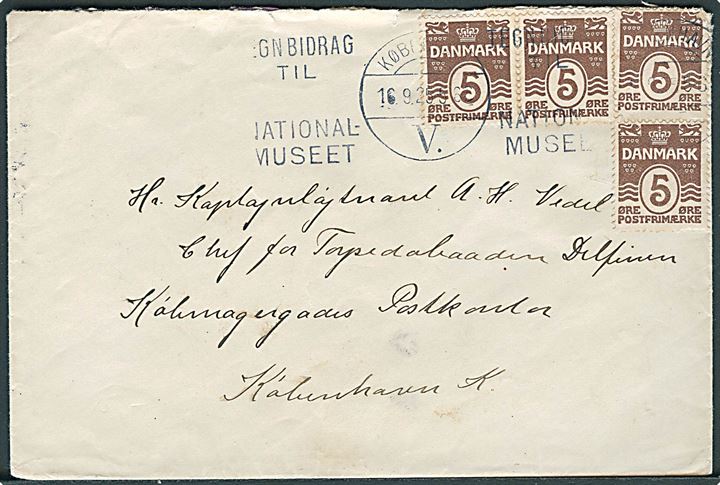 5 øre Bølgelinie (4) på brev fra København d. 16.9.1925 til Torpedobåden Delfinen, Købmagergades Postkontor, København K.
