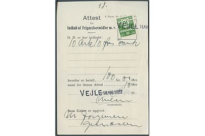 10 øre Bølgelinie annulleret med liniestempel Vejle 16.AUG. 1922 på Attest for Indkøb af Frigørelsesmidler.