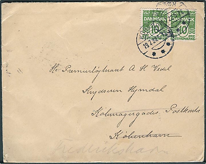 10 øre Bølgelinie i parstykke på brev fra Korsør d. 29.7.1922 til Krydseren Hejmdal, Købmagergades Postkontor, København K. - eftersendt til skibets station i Frederikshavn.