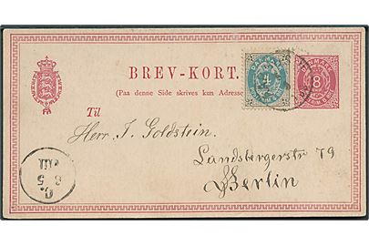 8 øre helsagsbrevkort opfrankeret med 4 øre Tofarvet fra Aarhus d. 5.5.1879 til Berlin, Tyskland.