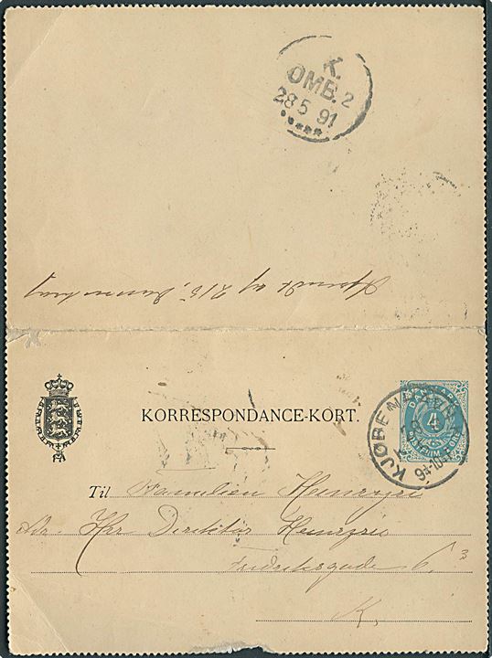 4 øre helsags korrespondancekort sendt lokalt i Kjøbenhavn d. 28.5.1891. Fra sømand ombord på Kongeskibet Dannebrog.