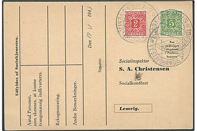Ufrankeret indkvarteringskort sendt lokalt i Lemvig d. 7.11.1943. Udtakseret i enkeltporto med 2 øre og 5 øre Portomærker annulleret med turiststempel Lemvig d. 7.11.1943.