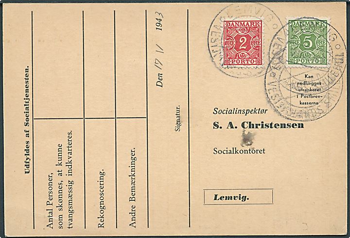 Ufrankeret indkvarteringskort sendt lokalt i Lemvig d. 7.11.1943. Udtakseret i enkeltporto med 2 øre og 5 øre Portomærker annulleret med turiststempel Lemvig d. 7.11.1943.