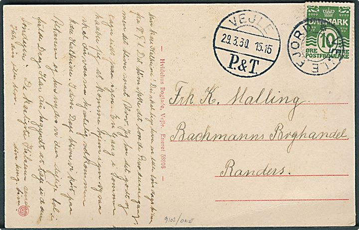 10 øre Bølgelinie på brevkort annulleret med udslebet stjernestempel VEJLEFJORD og sidestemplet med protype Vd Vejle P. & T. d. 29.3.1930 til Randers.