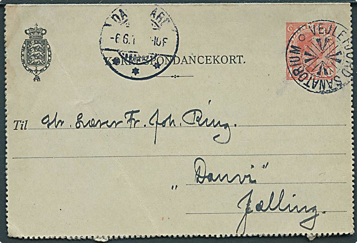 10 øre Chr. X helsags korrespondancekort annulleret med stjernestempel VEJLEFJORD SANATORIUM og sidestemplet Daugaard d. 6.6.1918 til Jelling.