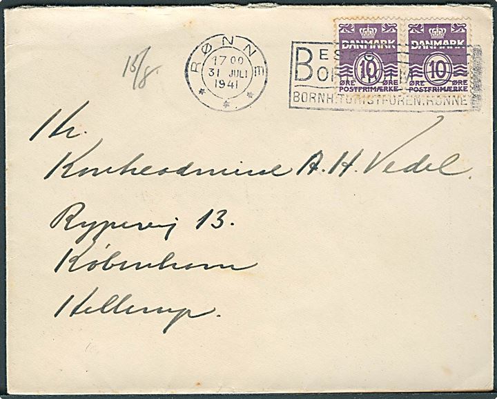 10 øre Bølgelinie (2) på brev fra Rønne d. 31.7.1941 til Kontreadmiral Vedel, Hellerup.