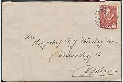 20 øre Thyco Brahe på brev annulleret Det danske Brigade / 4 / * i Tyskland * (= forlægningen i Varel) d. 28.6.1947 til Risskov.