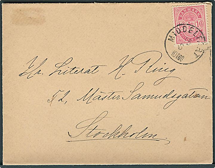 10 øre Våben på brev annulleret med lapidar Middelfart d. 15.3.1887 til Stockholm, Sverige.