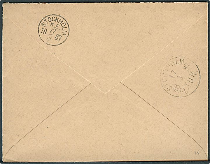 10 øre Våben på brev annulleret med lapidar Middelfart d. 15.3.1887 til Stockholm, Sverige.