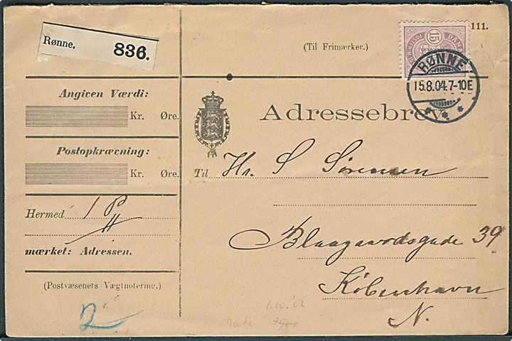 15 øre Våben single på adressebrev for pakke fra Rønne d. 15.8.1904 til Kjøbenhavn.