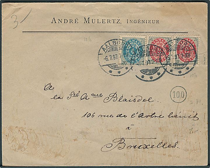 4 øre og 8 øre (2) Tofarvet på brev fra Aalborg d. 6.7.1897 til Bruxelles, Belgien.