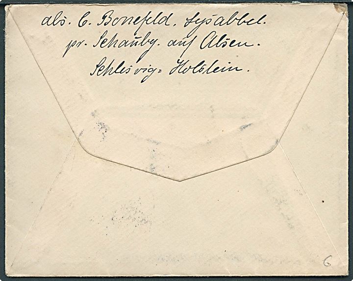 Ufrankeret feltpostbrev fra Lysabild med ovalt bureaustempel Sonderburg - Schauby Zug 15 d. 29.5.1915 til soldat ved Garde Armee Korps.
