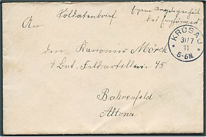 Ufrankeret soldaterbrev stemplet Krusau d. 31.7.1911 til soldat ved Feldartilleri i Bahrenfeld, Altona.