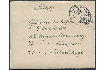 Ufrankeret feltpostbrev fra Holbüll b. Hockerup med ovalt bureaustempel Flensburg - Sonderburg Zug 910 d. 16.5.1915 til soldat i 46 Reserve Feldart. Regiment. Fuldt indhold.