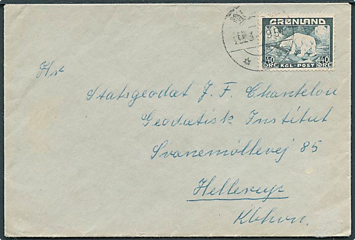 40 øre Isbjørn på brev med svagt stempel fra Holsteinsborg d. x.3.1954 til Hellerup.