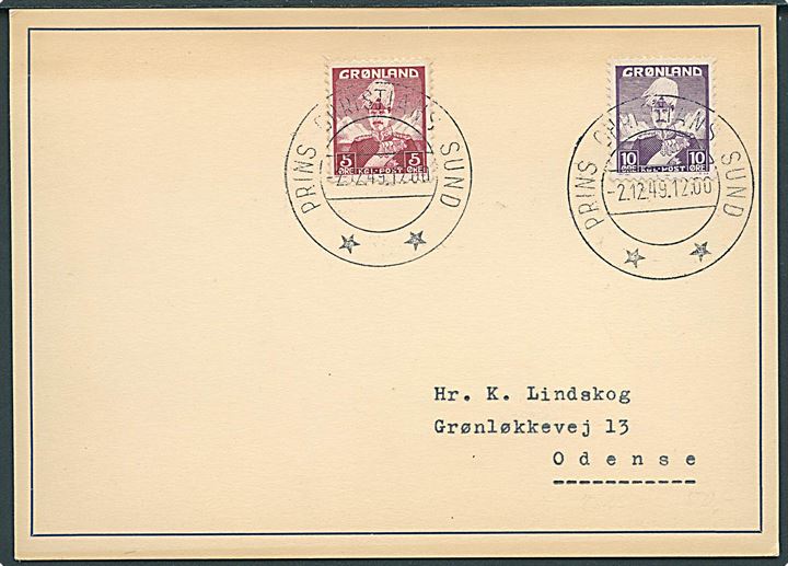5 øre og 10 øre Chr. X på filatelistisk brevkort stemplet Prins Christians Sund d. 2.12.1949 til Odense.