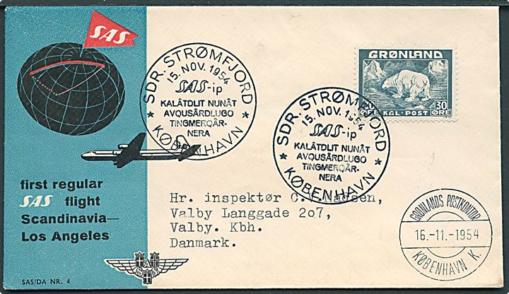 30 øre Isbjørn på SAS 1.-flyvningskuvert stemplet Sdr. Strømfjord d. 15.11.1954 via Grønlands Postkontor København K. d. 16.11.1954 til København.