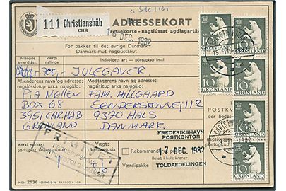 10 kr. Isbjørn (6) på adressekort for pakke mærket Julegaver fra Christianshåb d. 19.11.1982 til Hals.
