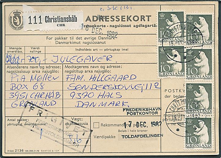 10 kr. Isbjørn (6) på adressekort for pakke mærket Julegaver fra Christianshåb d. 19.11.1982 til Hals.