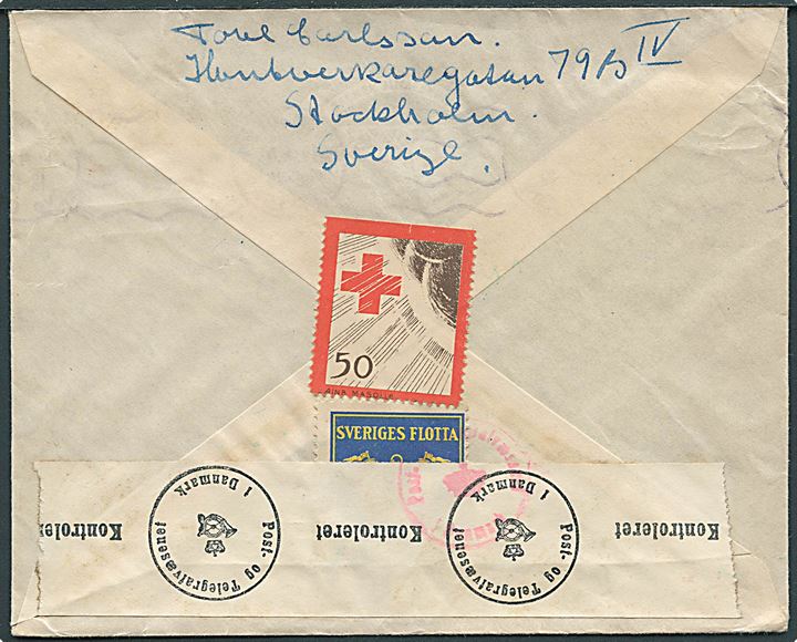 5 öre Bellman (3) på brev fra Stockholm d. 14.4.1941 til Hillerød, Danmark. På bagsiden Sveriges Flotta og Røde Kors mærkater. Åbnet af censuren i Danmark.