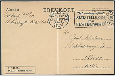 Ufrankeret interneret Forsendelse sendt lokalt i København d. 26.9.1943. Fra interneret soldat i K.B.Hallen.