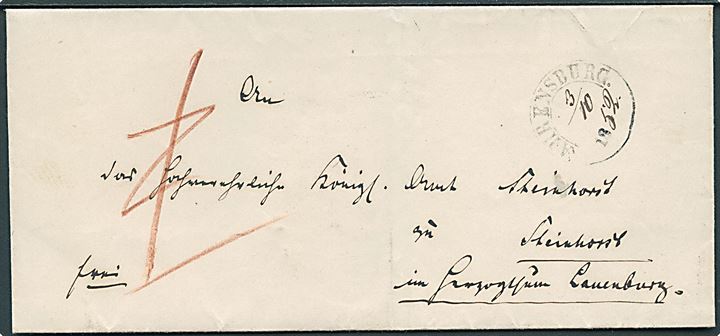 1852. Ufrankeret brev med 1½-ringsstempel Ahrensburg med delvis håndskrevet dato d. 3.10.1852 til Steinhorst i Lauenburg. Rødkridts påtegning.
