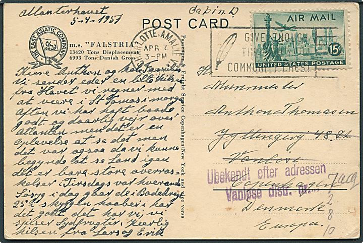 15 cents Luftpost på brevkort (M/S Falstria) dateret Atlanterhavet og stemplet Charlotte Amalie V.I. d. 7.4.1951 til Vanløse, Danmark. Ubekendt efter adresse.