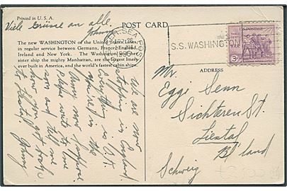 3 cents NRA på brevkort (S/S Washington) annulleret med skibsstempel U.S. GER. SEA POST / S.S.Washington d. 26.4.1935 til Schweiz.