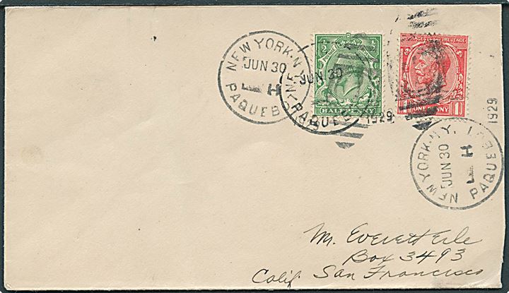 ½d og 1d George V på brev annulleret med skibsstempel New York Paquebot d. 30.6.1929 til San Francisco.