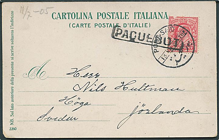 1d Edward VII på brevkort fra Napoli annulleret med skibsstempel Paquebot og sidestemplet Port Said d. 13.7.1905 til Sverige.