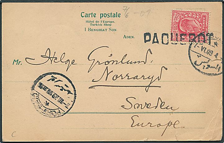 1d Edward VII på brevkort (Nubian Women) annulleret med skibsstempel Paquebot og sidestemplet Suez d. 7.6.1909 til Norraryd, Sverige.