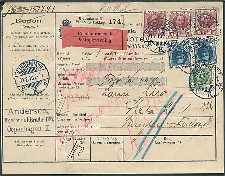 5 øre, 20 øre (2) og 50 øre (3) Fr. VIII på internationalt adressekort for pakke med opkrævning fra Kjøbenhavn d. 21.2.1910 til Tammerfors, Finland.