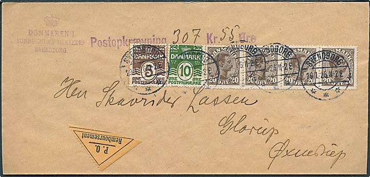 5 øre, 10 øre Bølgelinie og 20 øre Chr. X (4) på brev med postopkrævning fra Svendborg d. 29.1.1926 til Glorup pr. Øxendrup.