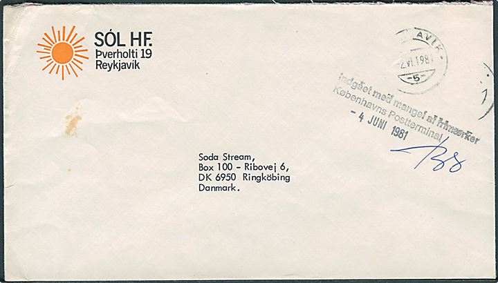 Brev fra Reykjavik d. 2.7.1981 til Ringkøbing, Danmark. Stemplet Indgået med mangel af frimærker / Københavns Postterminal d. 4.6.1981.
