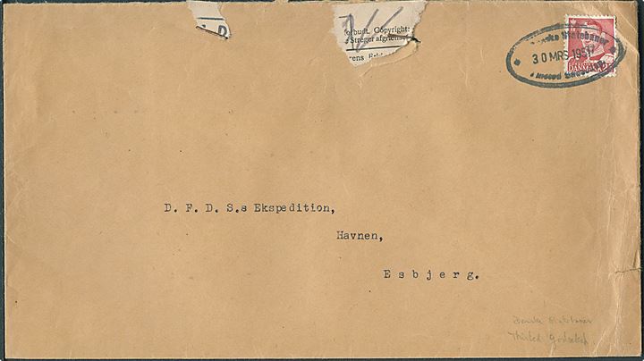 25 øre Fr. IX på brev annulleret med ovalt stempel Danske Statsbaner * Thisted Godseksp. d. 30.3.1951 til Esbjerg.