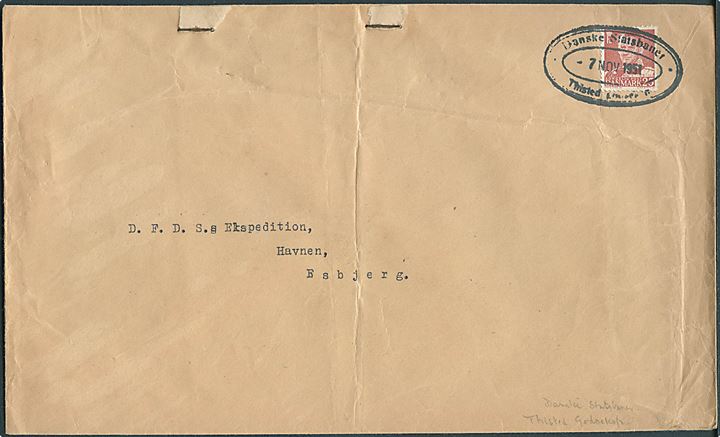 25 øre Fr. IX på brev annulleret med ovalt stempel Danske Statsbaner * Thisted Godseksp. d. 7.11.1951 til Esbjerg.