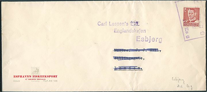 25 øre Fr. IX på brev annulleret med rammestempel Esbjerg g / 216 Es g d. 25.10.1951 til Esbjerg.