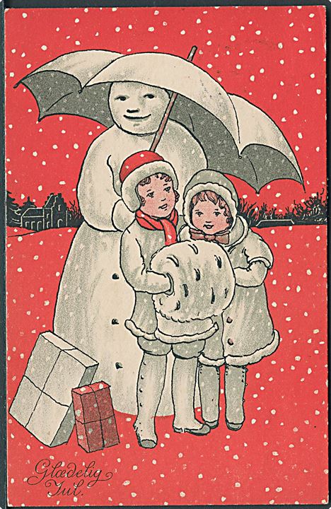 Julekort med børn og snemand. A. Vincent no. 10/5.