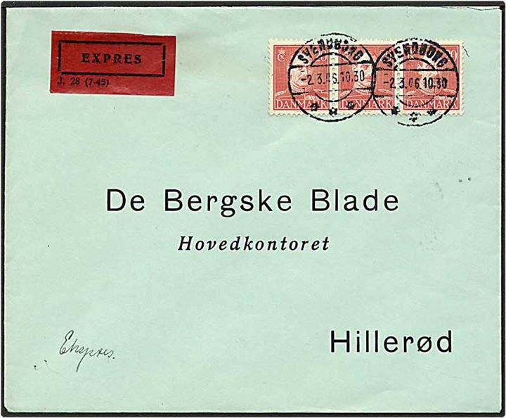 20 øre rød Chr. X  på expres brev fra Svendborg d. 2.3.1946 til Hillerød.