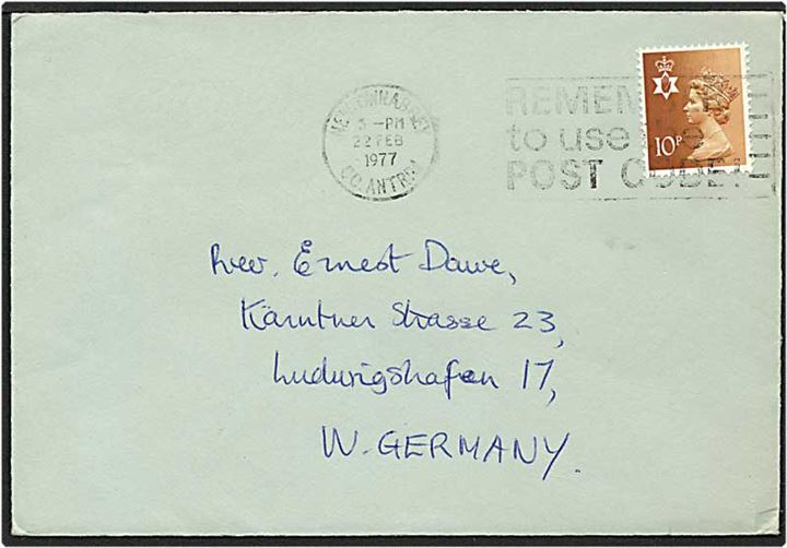 10 pence på brev fra England d. 22.2.1977 til Ludvigshafen, Tyskland.