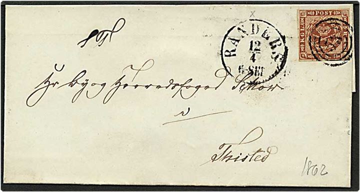 4 skilling brun på brev fra Randers d. 12.4.1862 til Thisted. Nummerstempel 53.