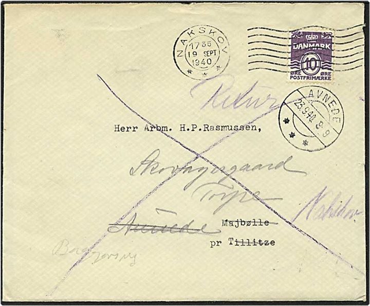 10 øre violet bølgelinie på brev fra Nakskov d. 19.9.1940 til Tillitze. Omadresseret til Avnede og returneret.