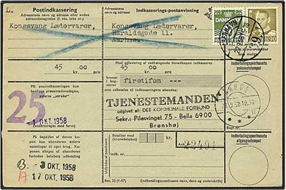 10 øre grøn bølgelinie og 90 øre oliven Fr. IX på postanvisning fra København d. 22.9.1958 til Århus.