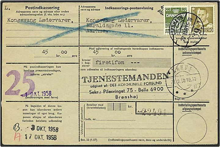 10 øre grøn bølgelinie og 90 øre oliven Fr. IX på postanvisning fra København d. 22.9.1958 til Århus.