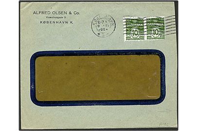 10 øre grøn bølgelinie på brev fra  København d. 9.4.1924 til Rauma, Finland. Mærkerne med perfin A46 - A. Olsen.