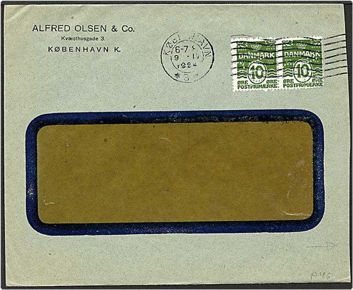 10 øre grøn bølgelinie på brev fra  København d. 9.4.1924 til Rauma, Finland. Mærkerne med perfin A46 - A. Olsen.