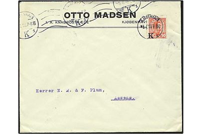 10 øre rød Chr. X på brev fra København d. 5.7.1915 til Assens. Mærket med perfin O11 - Otto Madsen.